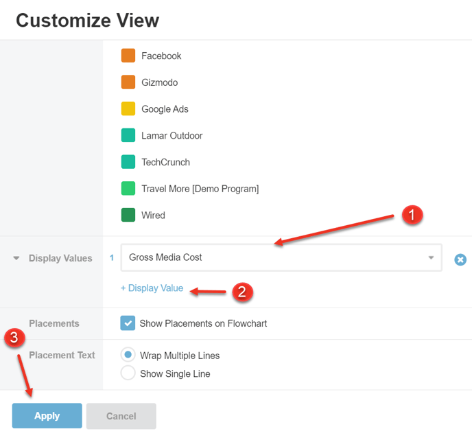 A screenshot of how to add Display Values to a flowchart.