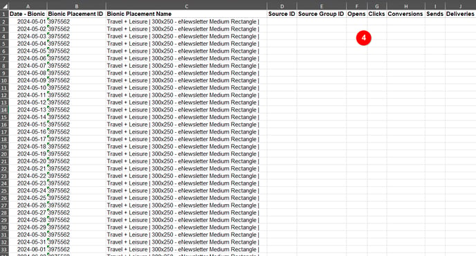 A screenshot of a E-Newsletter report in Excel format.