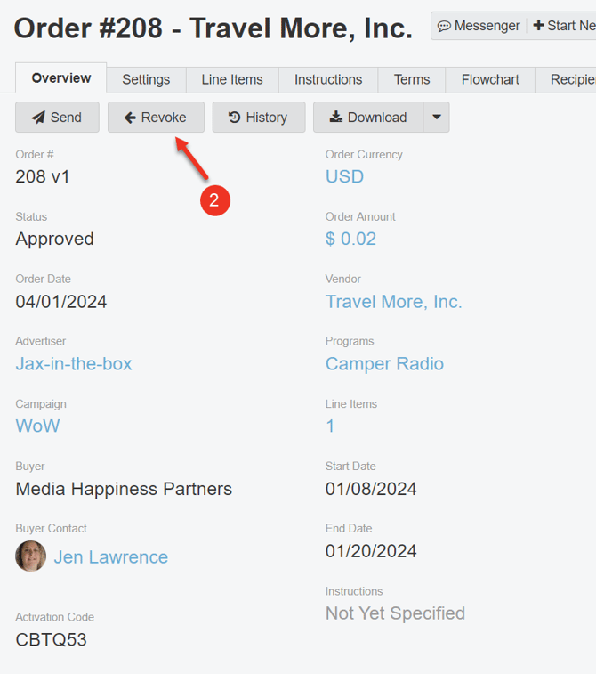 A screenshot of the overview tab of an order, highlighting the Revoke button.