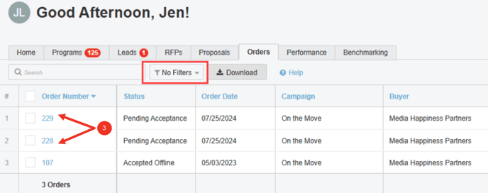 A screenshot of the Orders tab with no filters.