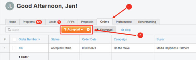 A screenshot of the Orders tab with filtering.