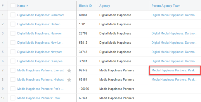 A screenshot highlighting how to access data for the parent agency team.