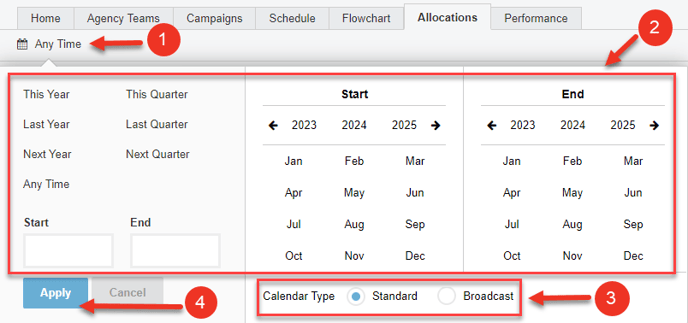 A screenshot of the date filter options on the Allocations tab.