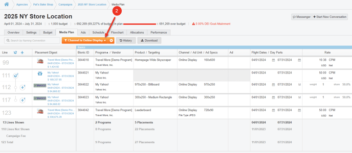 A screenshot of a media plan filtered to the channel online display.