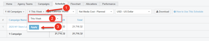 A screenshot of the Time Frame filter in the Schedule Tab.