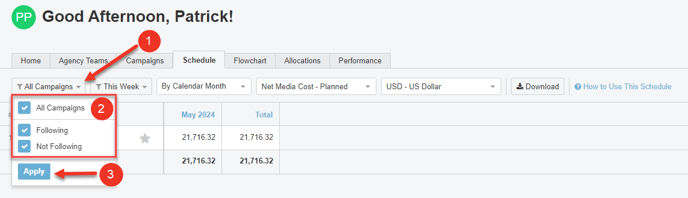 A screenshot of the All Campaigns filter in the Schedule Tab.