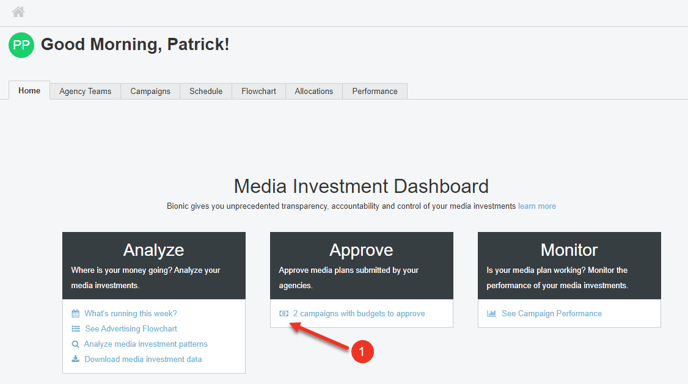 A screenshot of the Media Investment Dashboard, highlighting the approve section.