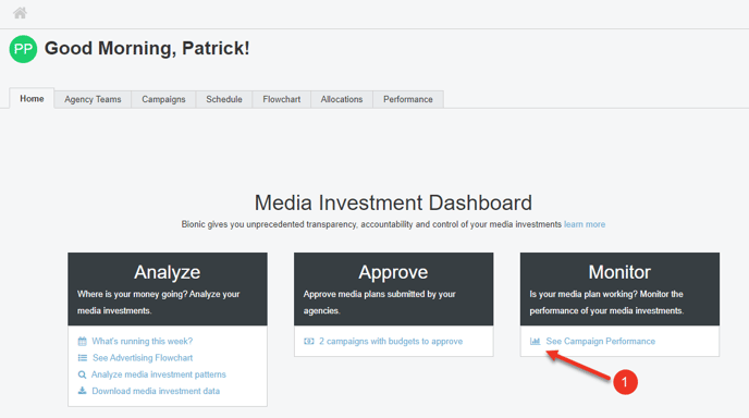 A screenshot of the Media Investment Dashboard, highlighting the Monitor section.