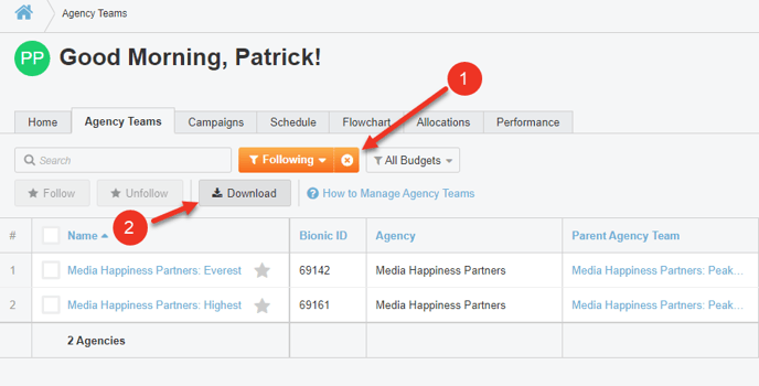 A screenshot of how to download agency team data.
