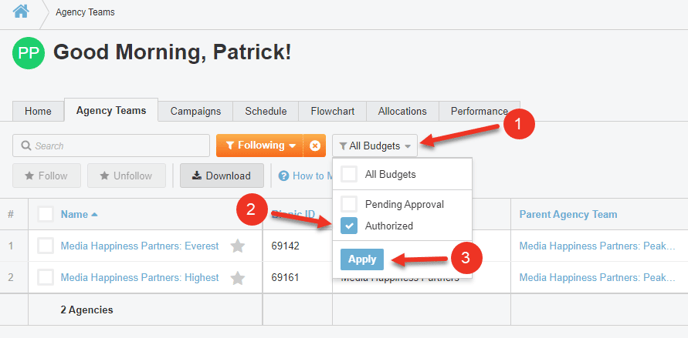 A screenshot of how to filter by budget.