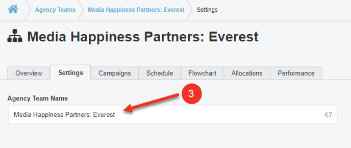 A screenshot of the Agency Team Name edit field in the Settings page.