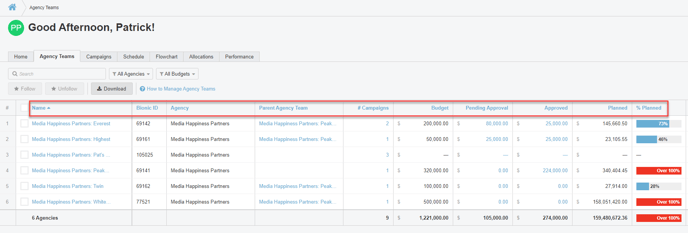 A scerenshot of the Agency Teams tab in Bionic for Advertisers.
