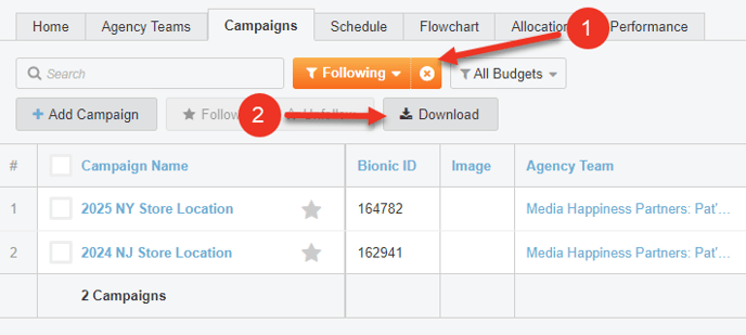 A screenshot of how to download campaigns data.