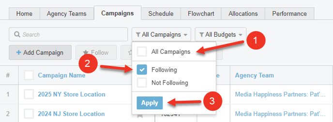 A screenshot of how to filter by Campaigns followed.