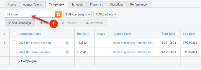A screenshot of the search text field in the Campaigns page.