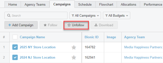 A screenshot of the Unfollow button on the Campaigns page.