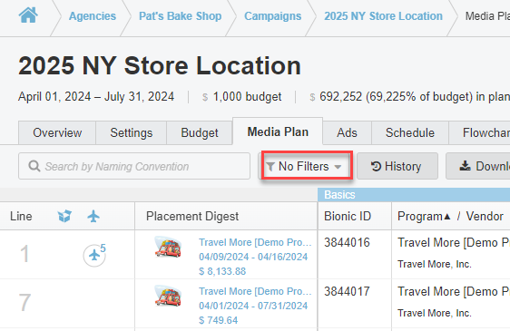 A screenshot of the Filter button in the Media Plan.