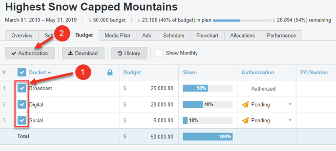A screenshot of how to bulk authorize budget buckets.