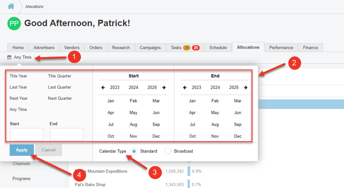 A screenshot of the date filter options on the Allocations tab.