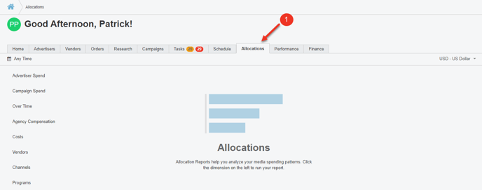 A screenshot of the allocations tab on the Home Page.