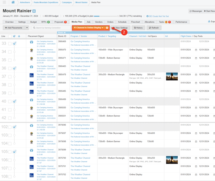 A screenshot of a media plan filtered to the channel online display.