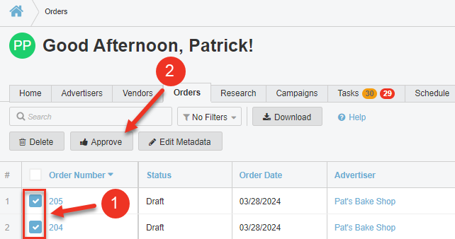 A screenshot of the how to use the Approve button on the Orders tab.