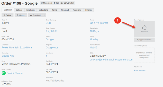 A screenshot of the Overview tab of an Order.