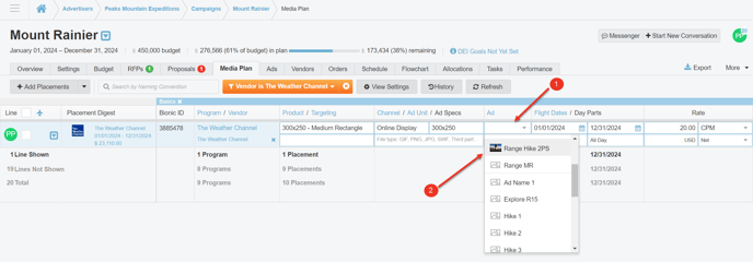 A screenshot of a media plan and how to associate an Ad with a placement.