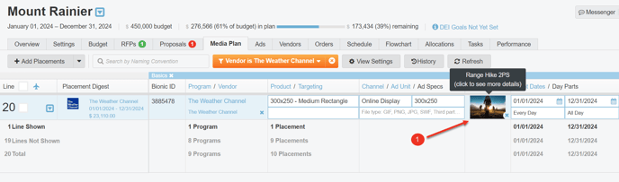 A screenshot of a media plan and how to edit an Ad from a placement.