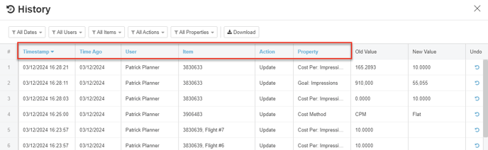 A screenshot of the Sortable headers in the History View.