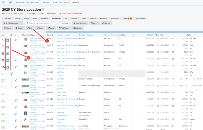 A screenshot of a media Plan and how to use the Batch Edit button.