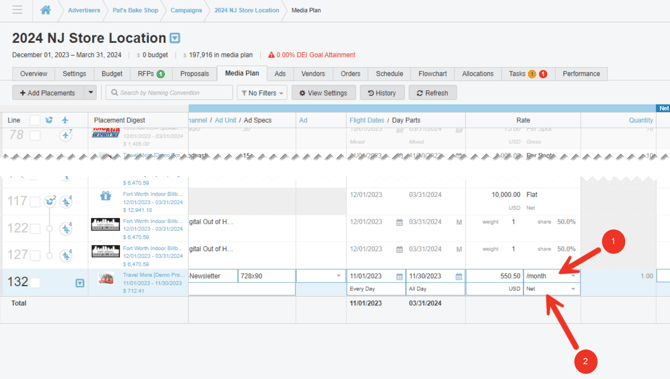 A screenshot of a media plan, highlighting the rate column.