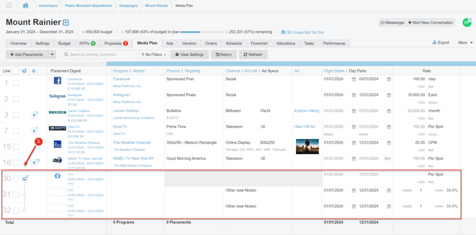 A screenshot a newly created Package in a media plan.