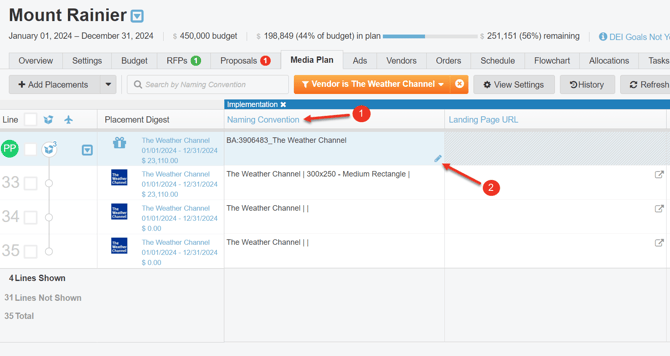 A screenshot of the Naming Convention column in a media plan.