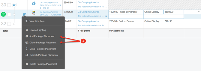 A screenshot of the action items menu within a package.