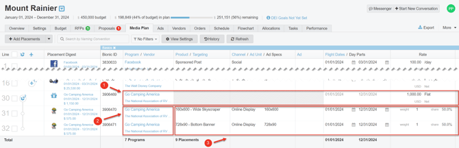 A screenshot of newly created package line items.
