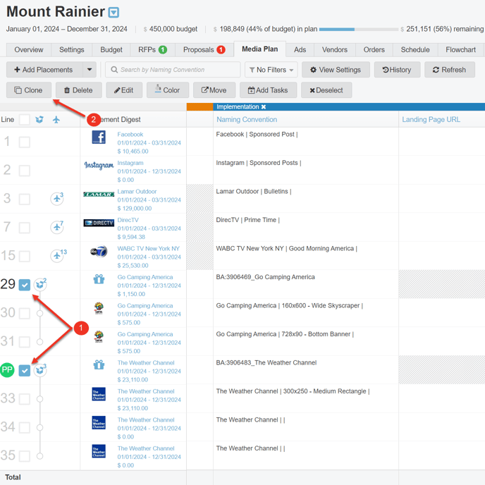 A screenshot detailing how to clone a package using the Clone Button in a media plan.