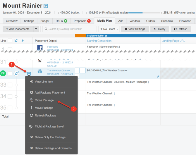 A screenshot of the Action Items Menu for a package header.
