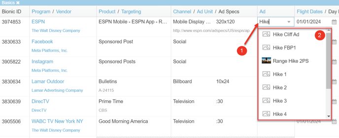 A screenshot of a media plan, highlighting how to select an ad.