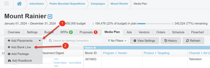 A screenshot of a media plan highlighting how to add a blank line.