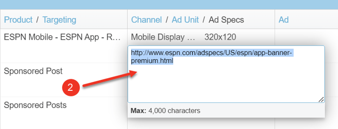 A screenshot of a media plan, highlighting the ad specs text box.