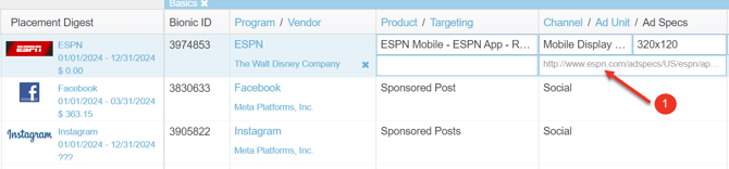 A screenshot of a media plan, highlighting how to add ad specs.