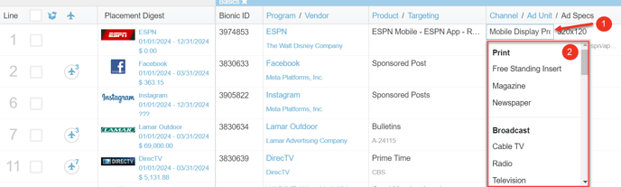 A screenshot of a media plan, highlighting how to select channel.