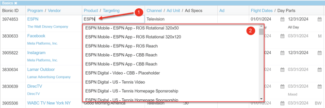 A screenshot of a media plan, highlighting how to choose a product.
