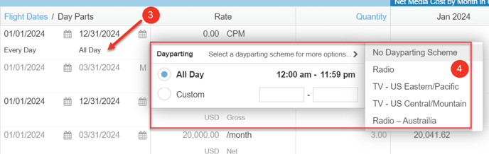 A screenshot of a media plan, highlighting how to select specific times for day parting.