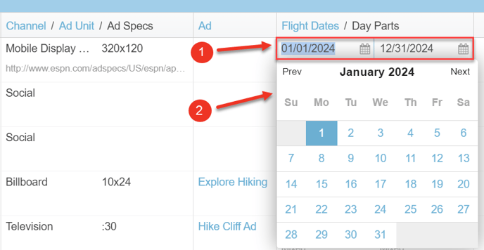 A screenshot of a media plan, highlighting how to select flight dates.