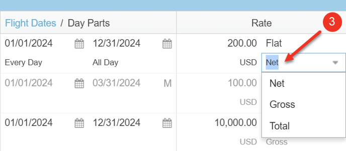 A screenshot of a media plan, highlighting how to select rate if net, gross or total.