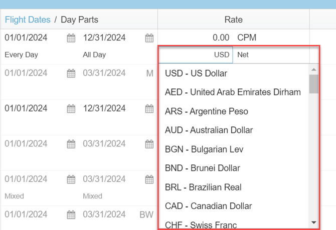 A screenshot of a media plan, highlighting how to select rate currency.