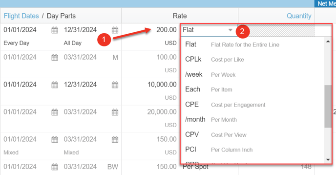 A screenshot of a media plan, highlighting how to enter rate.