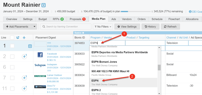 A screenshot of a media plan, highlighting how to select program.